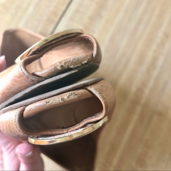 TORY BURCH Peep Toe Wedge Pump Sally 2 Leather Heels Tan Gold Shoes - Picture 6 of 14